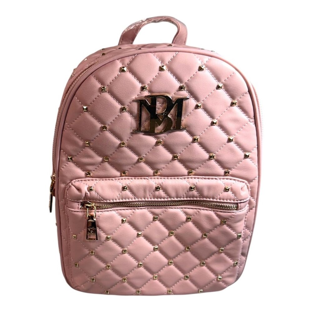 New Badgley Mischka Backpack Pink Gold Studded Quilted Vegan Leather Purse Bag